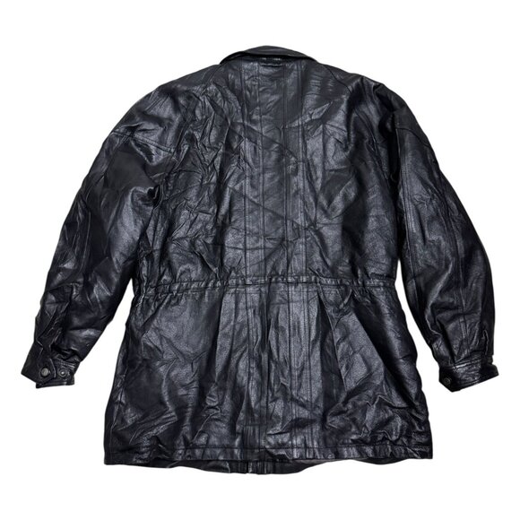 VINTAGE LEATHER Stratojac 90s Retro Genuine Leather Trench Coat Jacket Mens XL - Picture 2 of 7